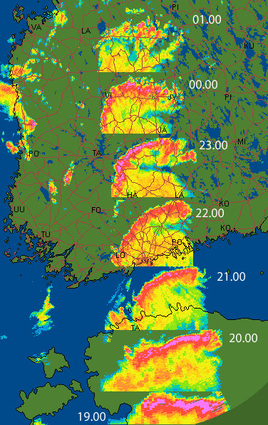 Tutkakuvaesimerkki Sylvin päivän rajuilmasta.
