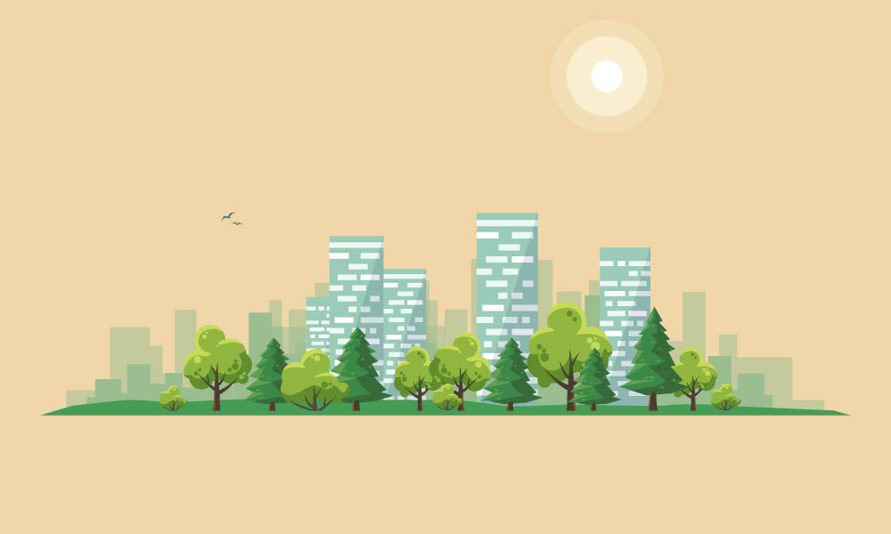 Vihreäsävyinen kaupunkisiluetti, jossa edessä puita ja taivaalla hehkuva aurinko. Piiros.