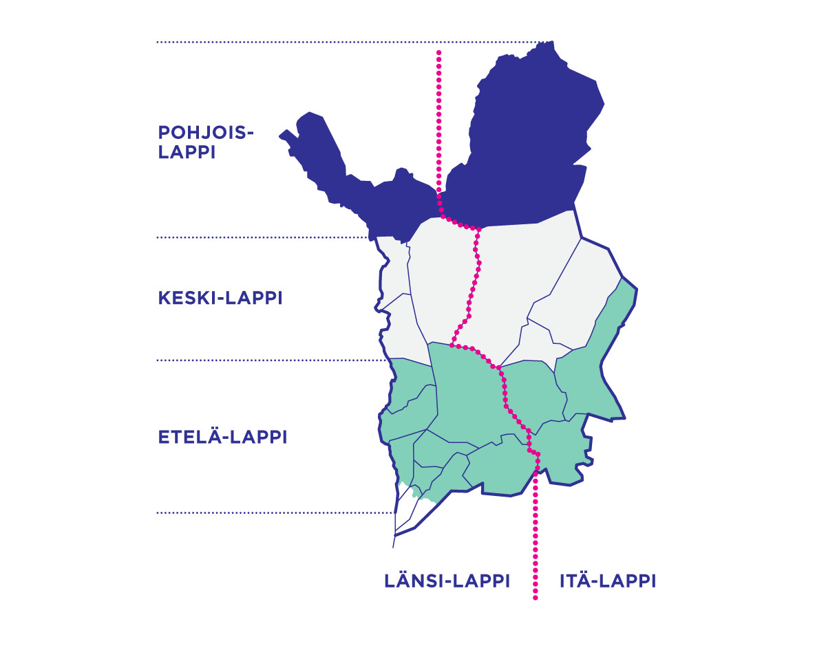 Karttaan merkitty, mihin Lapin alueeseen kuuluu mikäkin kunta. Tiedot löytyvät myös tekstistä.