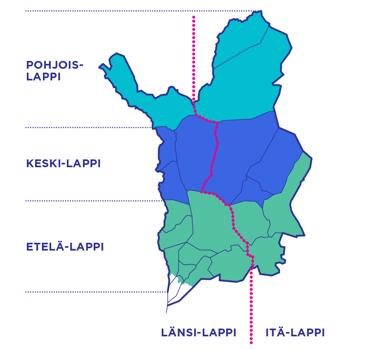 Karttaan merkitty, mihin Lapin alueeseen kuuluu mikäkin kunta. Tiedot löytyvät myös tekstistä.