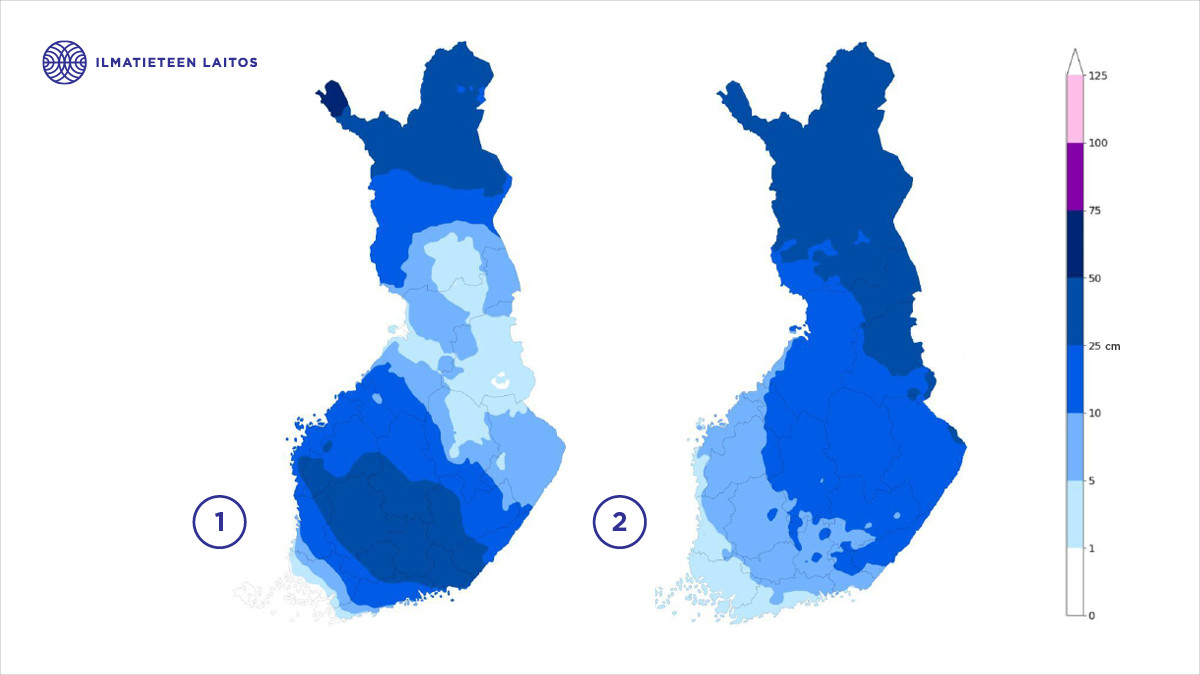 Kaksi Suomen karttaa rinnakkain, joissa sinisellä värillä kuvattu lumensyvyyksiä. Vasemmanpuoleisessa kuvassa enemmän vaaleampia arvoja kuin oikeanpuoleisessa, mikä kertoo tämänvuotisen lumimäärän vähyydestä.