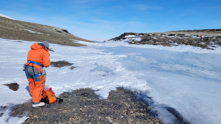Leena ottamassa vesinäytettä Fossilryggeniltä spektrometrillä tehtävää analyysiä varten. 