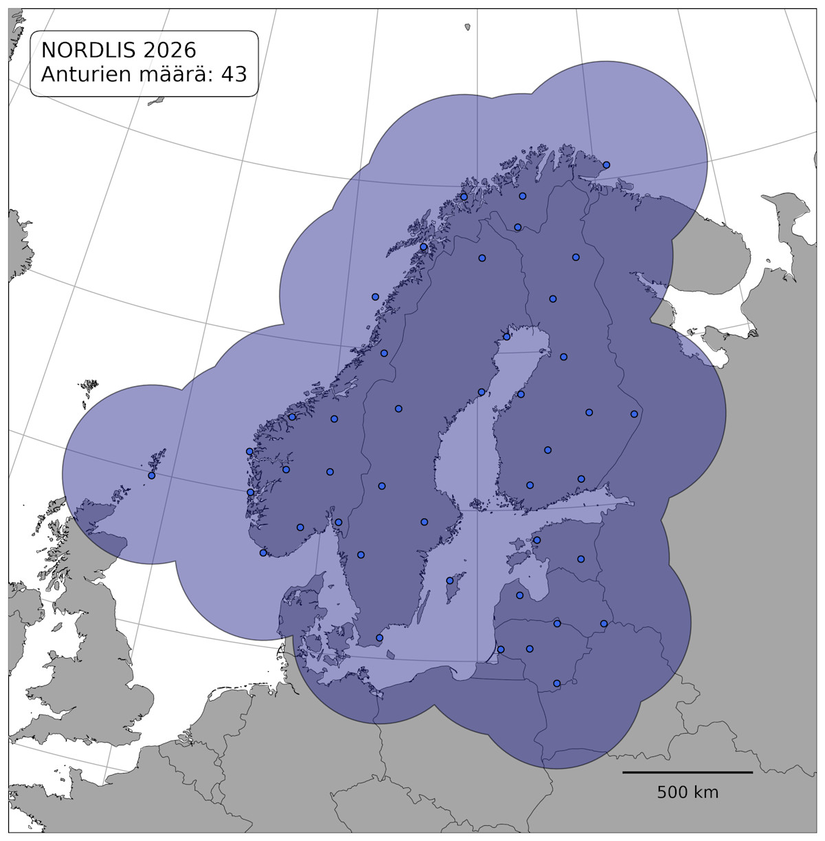 NORDLIS-salamanpaikannusverkon anturien sijainnit sekä havaintoalue.