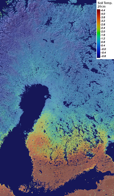 Karttakuva Suomesta. Etelä-Suomessa maaperän lämpötila on nelisen astetta, Keski-Suomessa parin asteen paikkeilla ja Pohjois-Suomessa lähellä nollaa tai hieman pakkasen puolella.