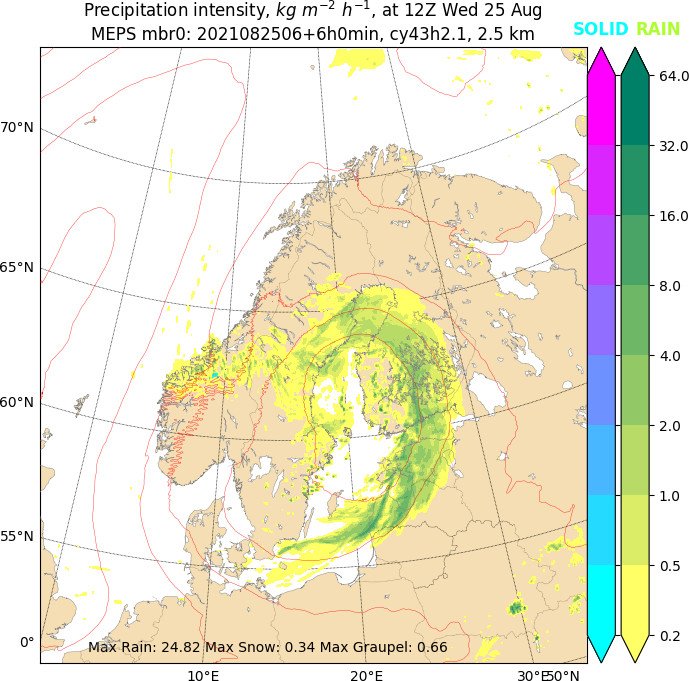 Sääennustemallin tuottamassa ennustekartassa ennustetun sadejakauman voimakkuus ja olomuoto esitetään eri väreillä.