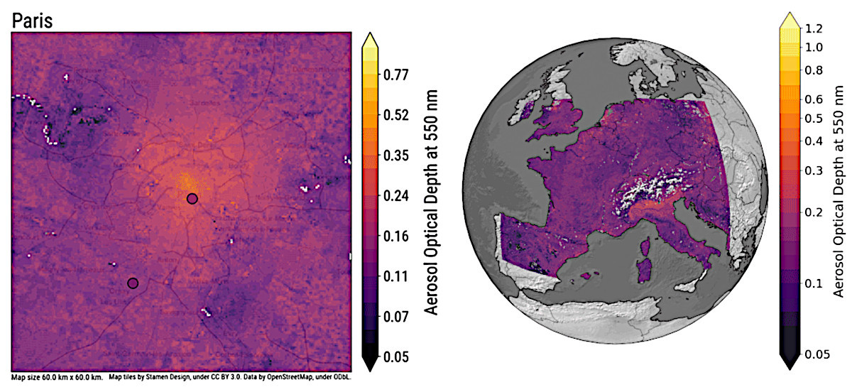 Karttakuvat näyttävät Pariisin ja Keski-Euroopan aerosolisien optisen paksuuden heinäkuussa 2019.