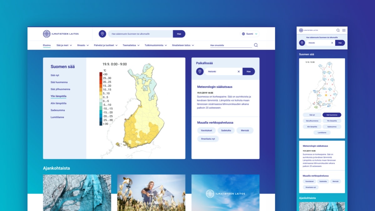 Uuden sivustomme etusivun näkymä työpöydällä ja mobiilissa.