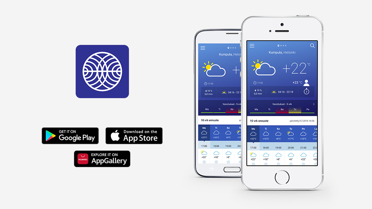 Sääsovelluksen aloitussivu puhelimen näytöllä. Sovelluksen voi ladata App Store-, Google Play- tai AppGallery -kaupasta.