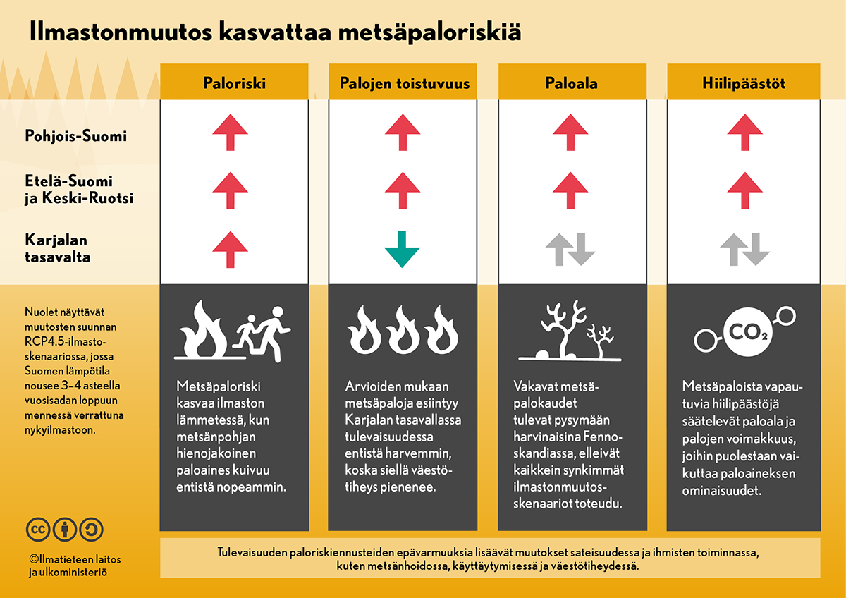Metsäpaloriski kasvaa ilmaston lämmetessä, kun metsäpohjan paloaines kuivuu nopeammin. Vakavat metsäpalokaudet ovat jatkossakin harvinaisia Fennoskandiassa. Pohjana RCP4.5-ilmastoskenaario, jossa Suomen lämpötila nousee 3–4 °C vuosisadan loppuun.