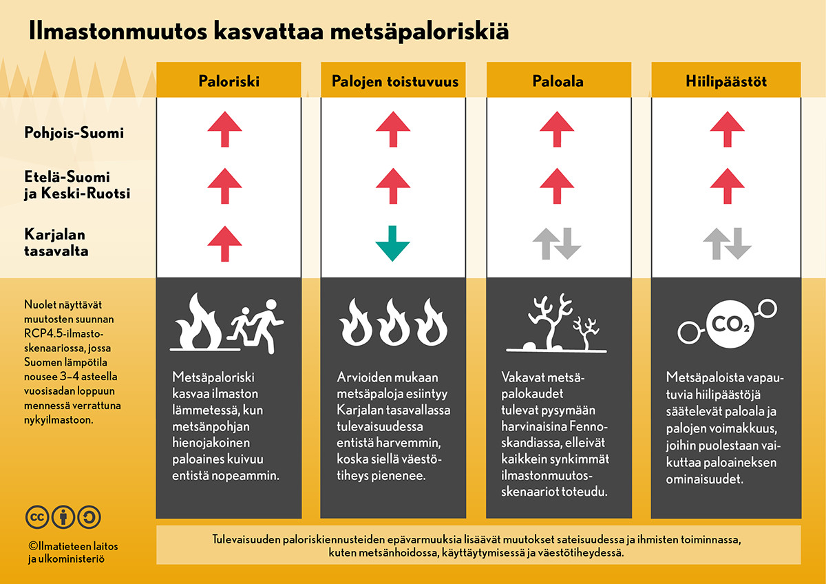 Metsäpaloriski kasvaa ilmaston lämmetessä, kun metsäpohjan paloaines kuivuu nopeammin. Vakavat metsäpalokaudet ovat jatkossakin harvinaisia Fennoskandiassa. Pohjana RCP4.5-ilmastoskenaario, jossa Suomen lämpötila nousee 3–4 °C vuosisadan loppuun.