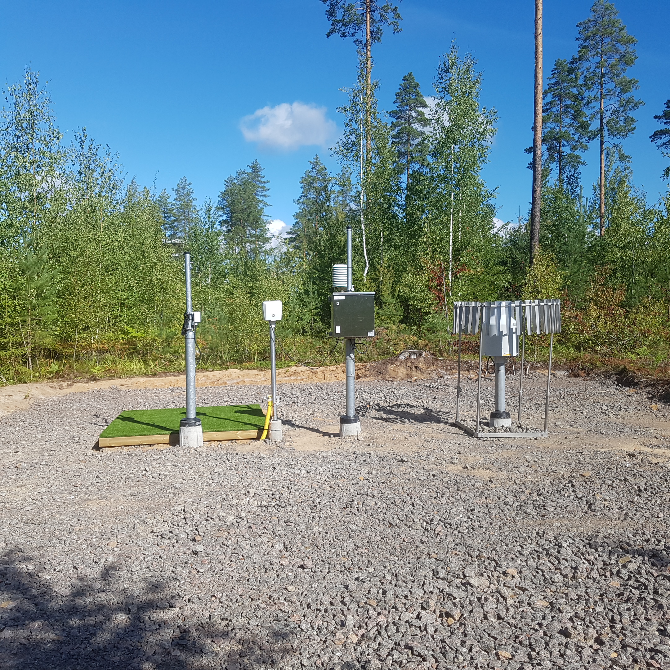 Säähavaintoasema, jossa lumensyvyysmittari, lämpötilamittari ja sademittari.