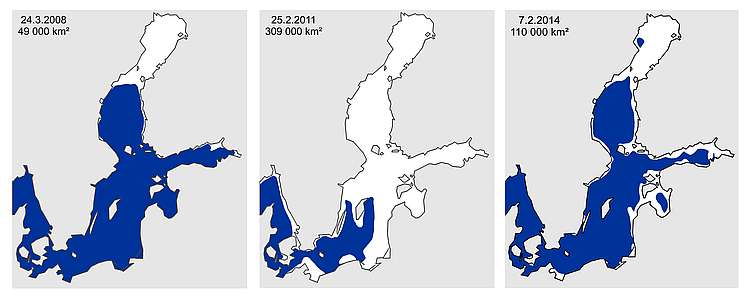 3 jääkarttaa. Talvella 2008 lähinnä Perämeri on jäässä, 2011 lähes koko Itämeri on jäässä ja 2014 jään laajuus on näiden väliltä..