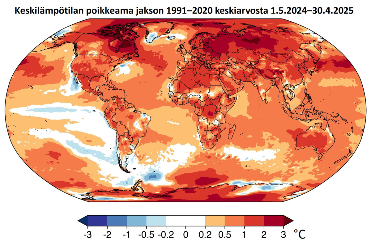 Keskilämpötilan poikkeama jakson 1991–2020 keskiarvosta 1.5.2024–30.4.2025. Punasävyinen kuva maapallosta.