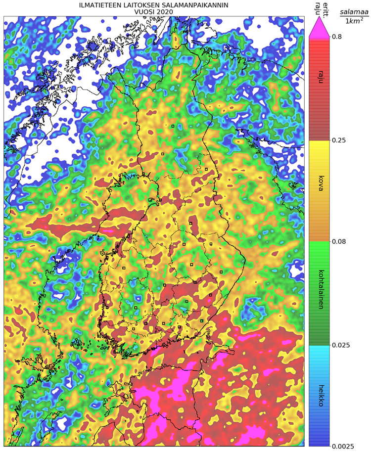 Kartta: Maasalamoiden määrä neliökilometrille ukkoskaudella 2020.