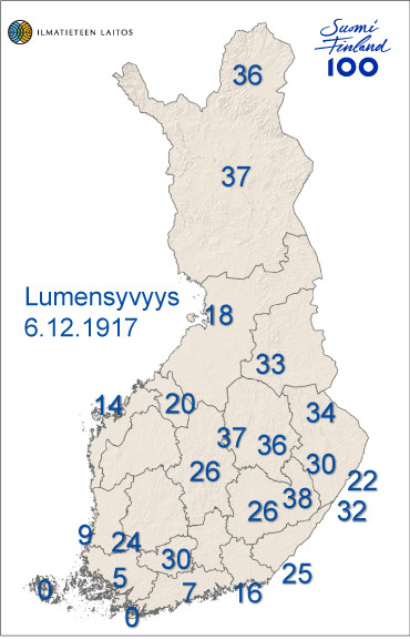 Lumipeite lounaisinta Suomea lukuun ottamatta. Lännessä ja pohjoisessa noin 30 senttiä, rannikoilla vähemmän.