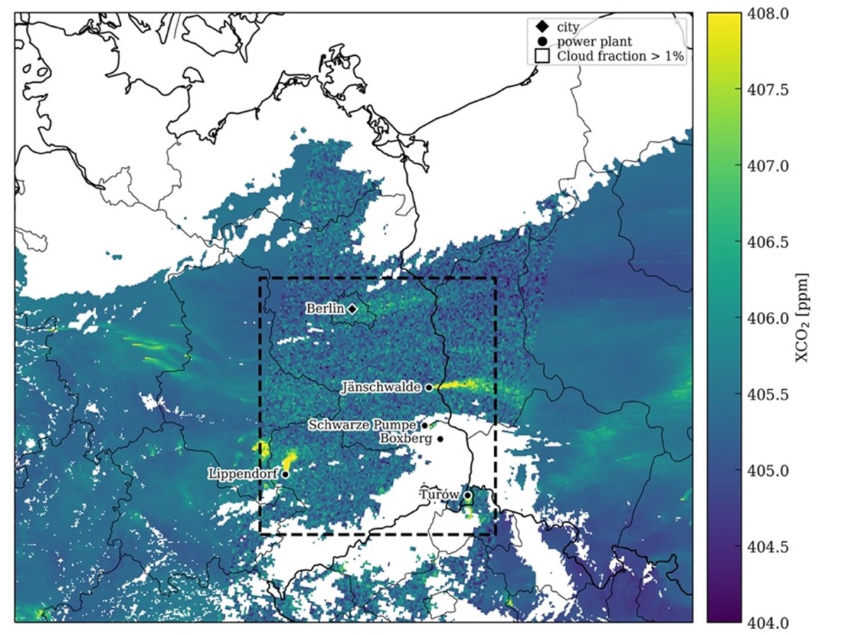 Karttakuva. Kartta osoittaa simuloidut päästölähteet Euroopassa. Niitä ovat Berliini, Boxberg, Jänschwalde, Lippendorf, Schwarze Pumpe ja Turów.