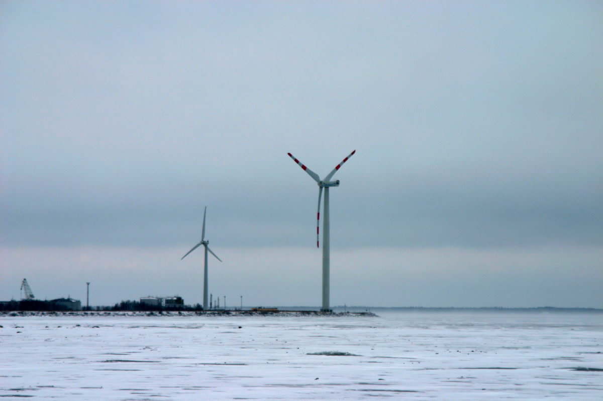 Tuulivoimaloita meren rannalla. Meri on jäässä.