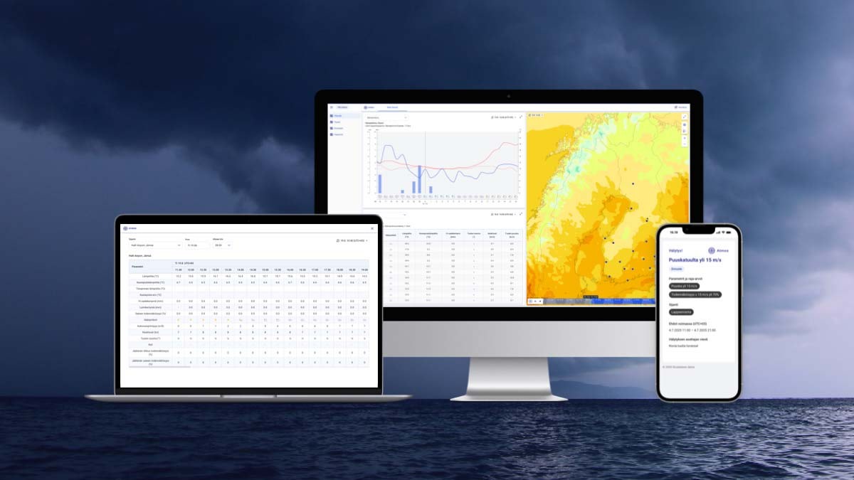 Esimerkkikuvia Atmos-portaalista ja siitä, että niitä voi katsoa niin isolta näytöltä kuin kännykästäkin.