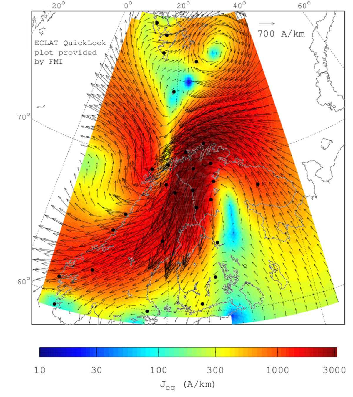 Ionosfäärivirtoja esitettynä kartalla. Väriskaalaus kertoo virtojen voimakkuuden ja nuolet suunnan.