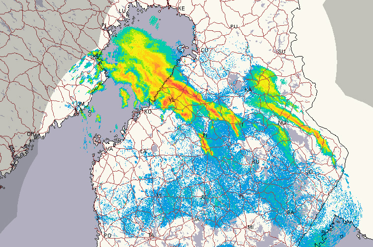 Lintumuutto Suomen alueen tutkakuvassa.