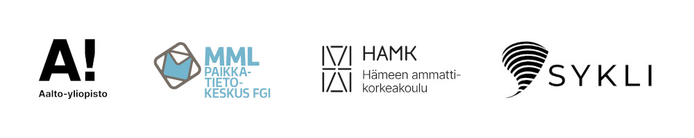 Digitaalinen kaupunkihiili 2.0 -hankkeen yhteistyökumppaneiden logot: Aalto-yliopisto, Maanmittauslaitoksen Paikkatietokeskus, Hämeen ammattikorkeakoulu ja ympäristöopisto Sykli.
