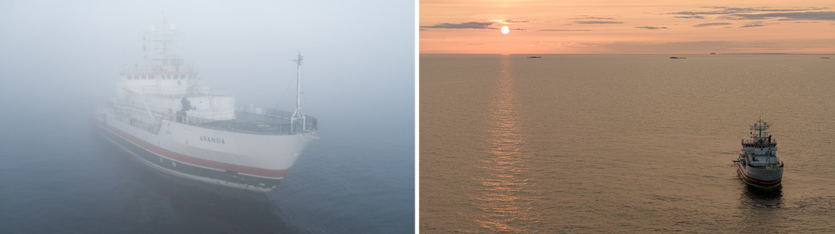 Aerial pictures of the research vessel Aranda in the fog and during a sunset
