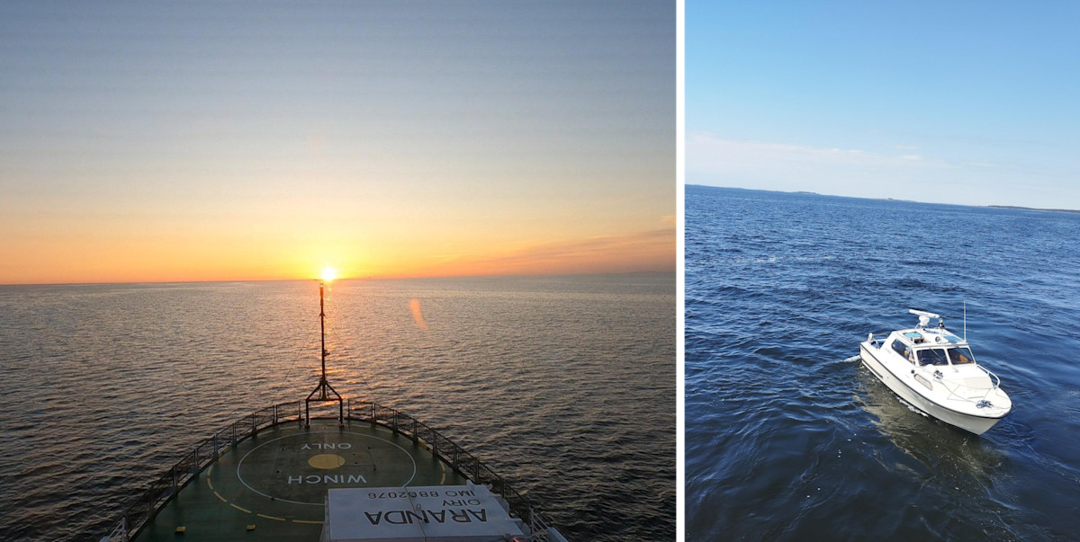 Views from Aranda or a summer day during sunrise. Boat with journalists visiting Aranda.