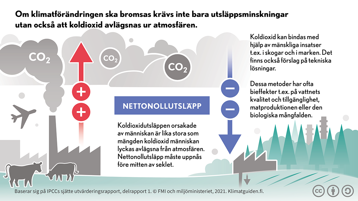Flygplanet, fabriken och korna beskriver ökningen av mängden koldioxid, det vill säga utsläpp Skogen och marken beskriver kolsänkor som minskar koldioxidutsläpp
