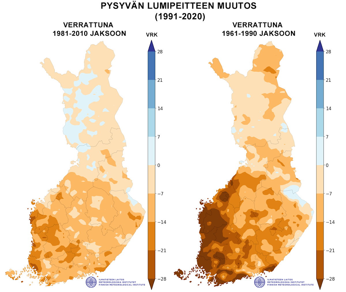 Pysyvän lumipeitteen pituuden muutos verrattuna 1981-2010 ja 1961-1990 jaksoihin.