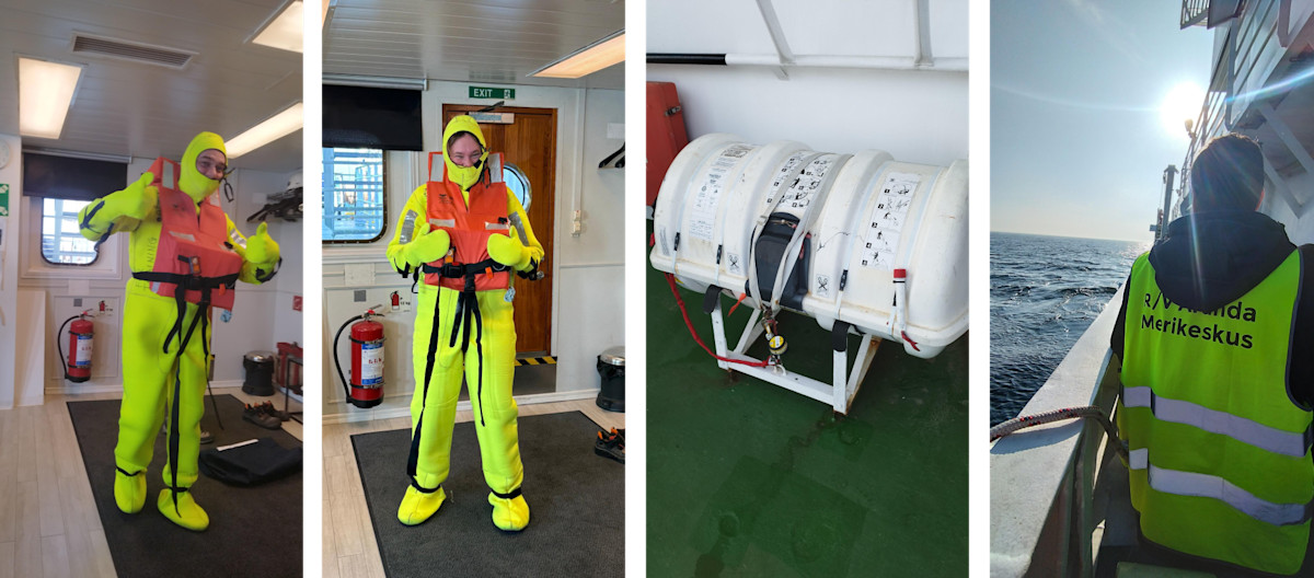 Researchers with life jackets doing safety training on a ship