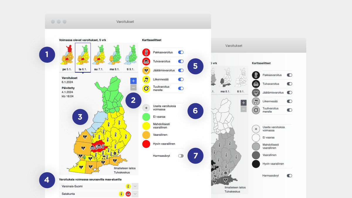 Alla kerrotut asiat merkittynä varoituskarttasivuun, että missä on mitäkin.
