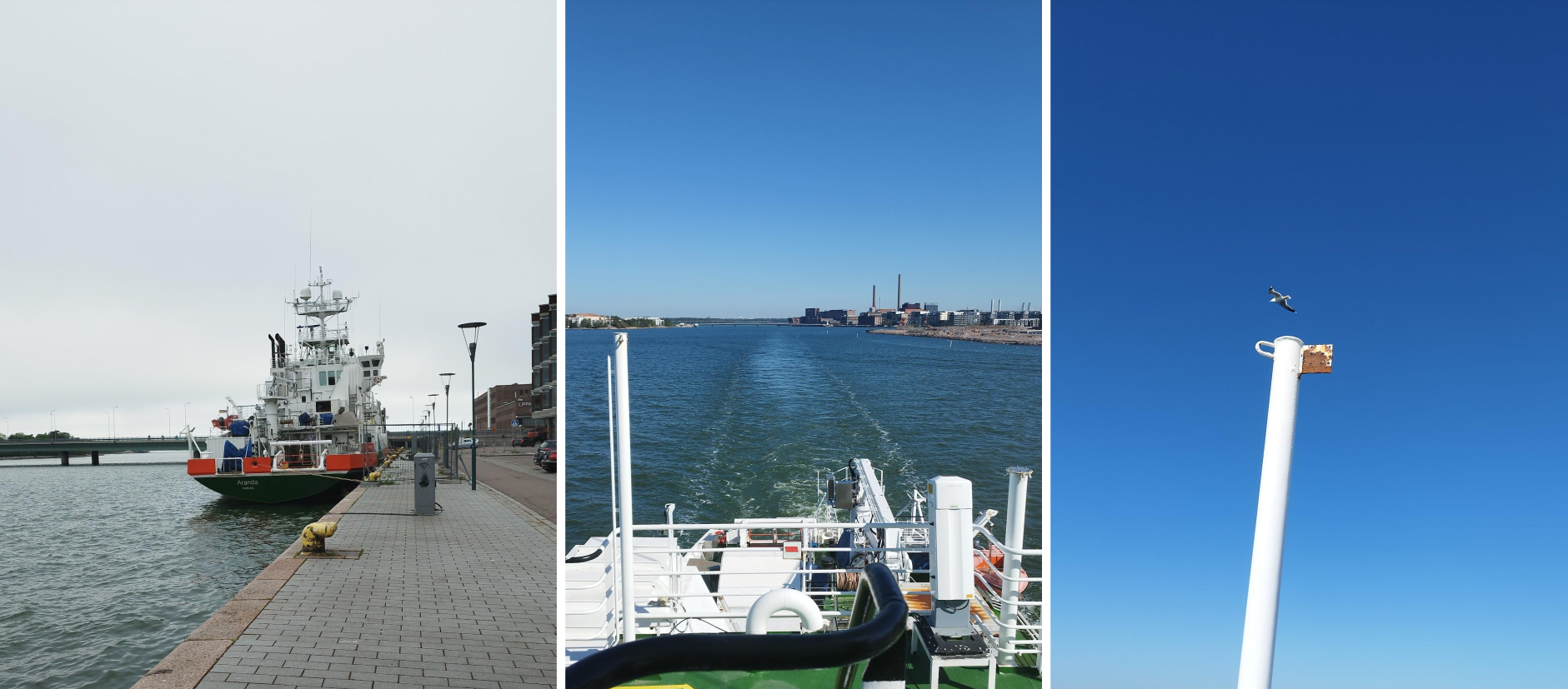 Aranda R/V at the port in Helsinki, departing and viewing of a seagull from the ship.