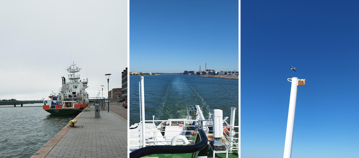 Aranda R/V at the port in Helsinki, departing and viewing of a seagull from the ship.