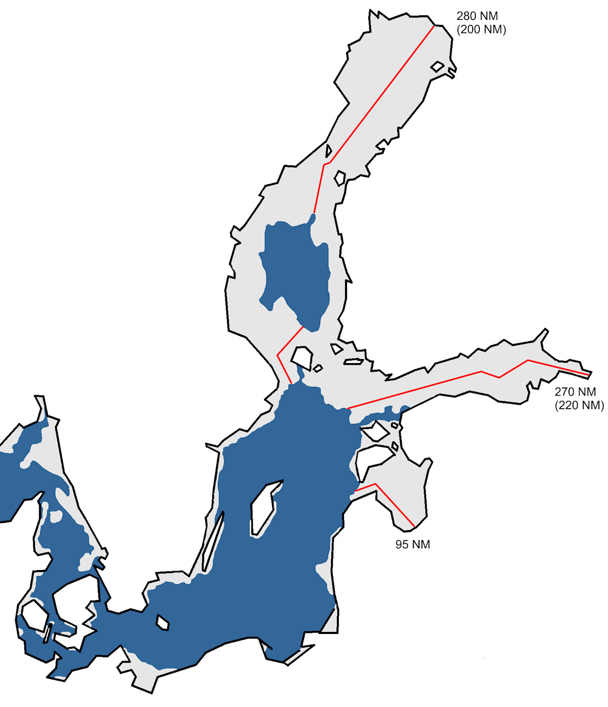 Kartta jään suurimmasta laajuudesta Itämerellä. Perämeri, Merenkurkku, Saaristomeri, Suomenlahti ja Riianlahti ovat kokonaan jäässä, Selkämeren keskellä on avovesialue. Muualla on rannoilla jäätä.