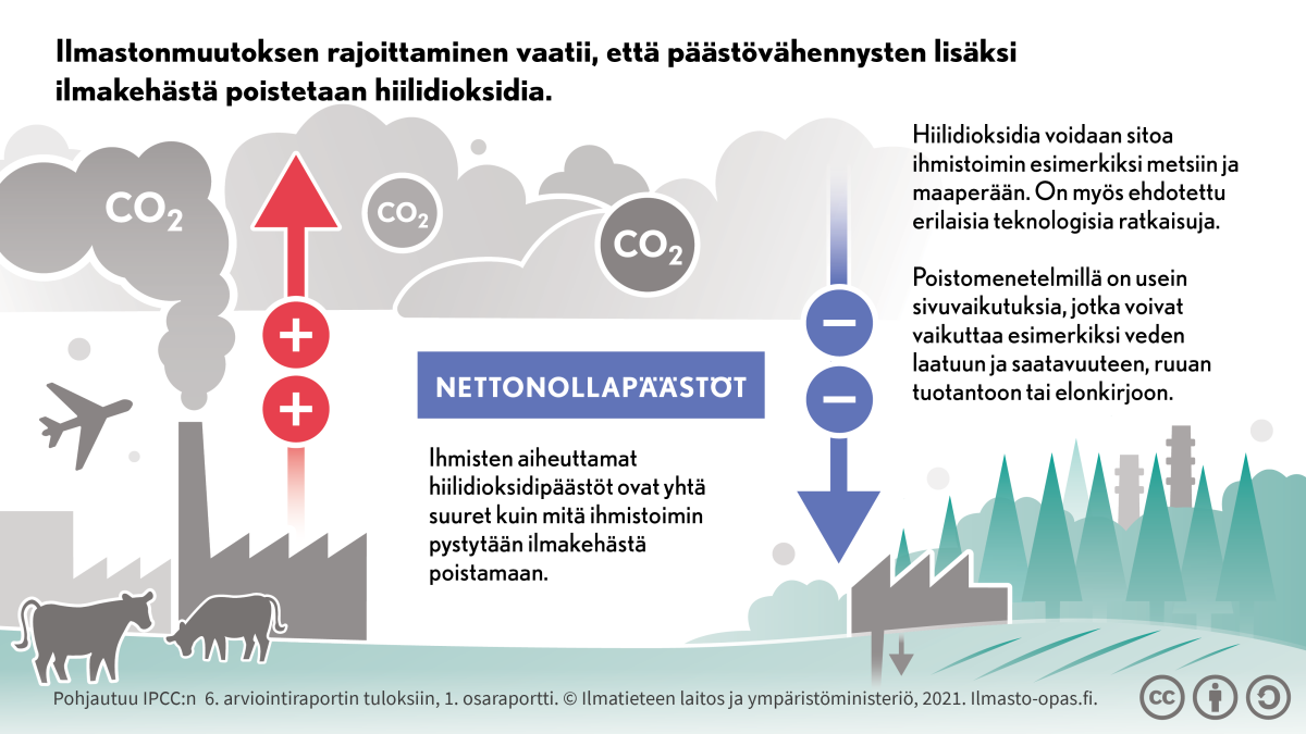 Nettonollapäästöt saavutetaan, kun ihmisten aiheuttamat hiilidioksidipäästöt ovat yhtä suuret kuin mitä ihmistoimin pystytään ilmakehästä poistamaan. Hiilidioksidia voidaan sitoa ihmistoimin metsiin ja maaperään. Myös teknologisia ratkaisuja on ehdotettu.