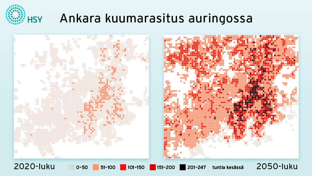 Kuvapari näyttää kartalla, kuinka paljon ankaraa kuumarasitusta auringossa on 2020- ja 2050-luvuilla. 2020-luvun kuvassa ankaraa kuumarasitusta auringossa on 0-50 tuntia, paikoin 51-100 tuntia. 2050-luvun kuvassa paikoin jopa 201-247 tuntia.