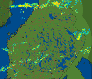 Tutkakuvassa näkyy kuurosateita.