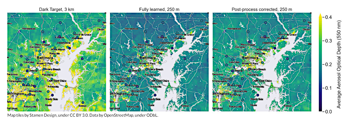 Karttakuvat näyttävät aerosolien optisen paksuuden Washington DC:ssä ja Baltimoressa heinä-elokuussa 2011.