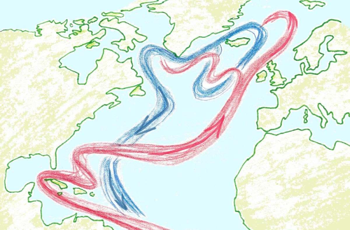 Atlantin valtameren kartta, jossa lämmin merivirta lähtee Karibianmereltä koilliseen kohti Eurooppaa ja kylmä merivirta kulkee sen alla kohti lounasta, pitkin Pohjois-Amerikan rannikkoa.