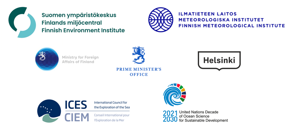 Kongressin järjestäjien logot: Suomen ympäristökeskus, Ilmatieteen laitos, ulkoministeriö, valtioneuvoston kanslia, Helsingin kaupunki, ICES ja YK:n merten vuosikymmen.