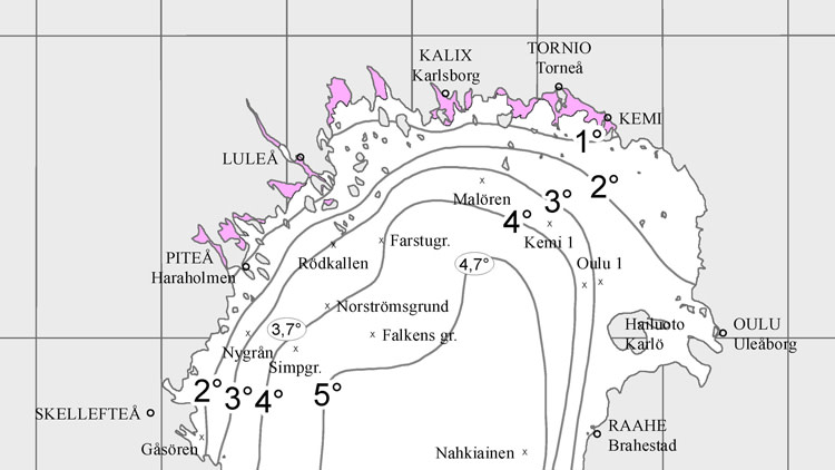 Jääkartta Perämeren pohjukasta. Ensimmäiset jäät Tornion ja Kemin edustalla merkitty violetilla karttaan.