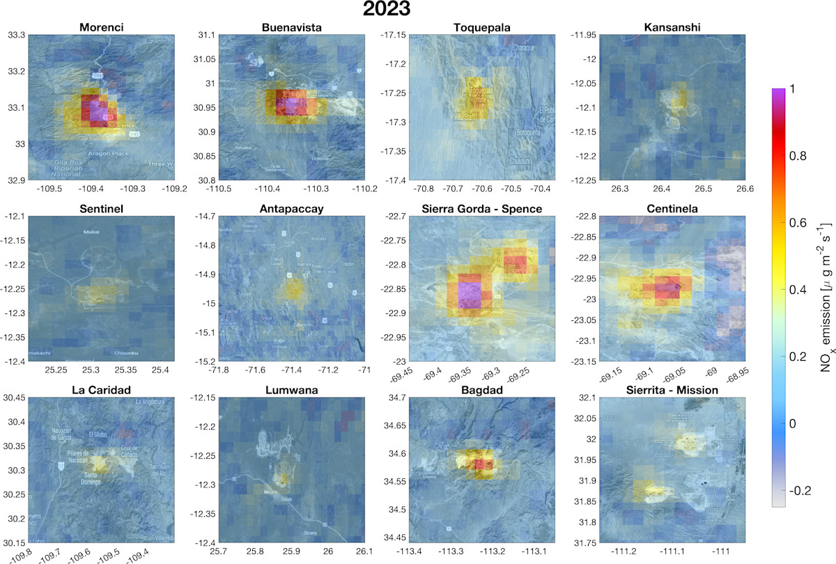 Karttakuvat. Suurimmat typenoksidipäästöt ovat Morencissa, Buenavistassa, Sierra Gordassa, Centinelassa ja Bagdadissa.