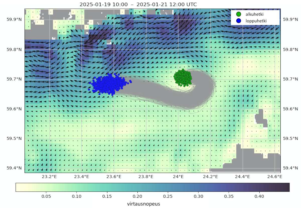 Karttakuvassa näkyy merialue, ajelehtivien kappaleiden sijainti seurannan alkuhetkellä ja niiden sijainti seurannan loppuhetkellä. Loppuhetkellä samalta suunnalta lähteneet kappaleet ovat kasautuneet samaan paikkaan.