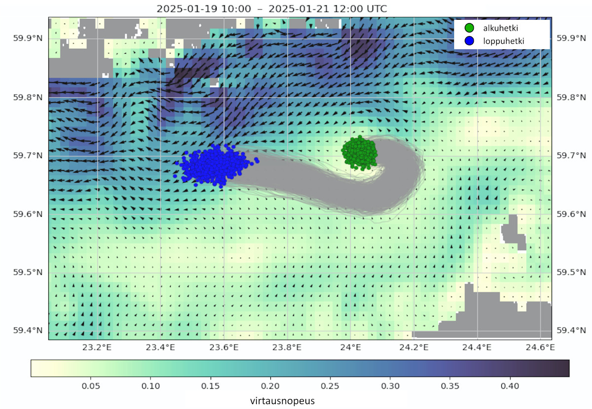 Karttakuvassa näkyy merialue, ajelehtivien kappaleiden sijainti seurannan alkuhetkellä ja niiden sijainti seurannan loppuhetkellä. Loppuhetkellä samalta suunnalta lähteneet kappaleet ovat kasautuneet samaan paikkaan.
