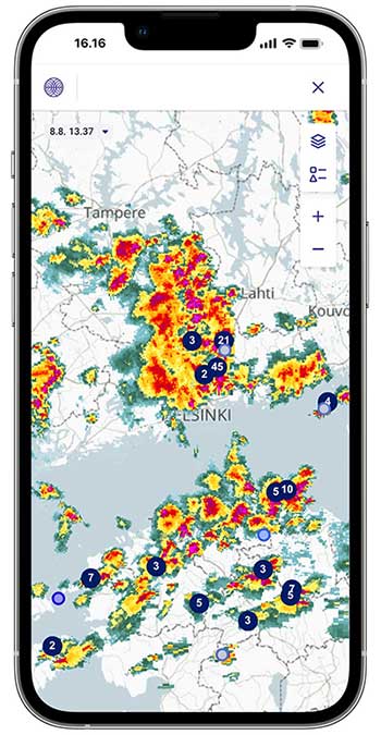 Atmos-salamapalvelu toimii myös mobiilissa ja näyttää salamat reaaliajassa.