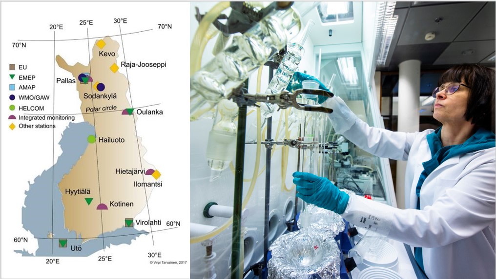 Ilmanlaatuasemat merkitty Suomen kartalle, laboratoriolaitteita.