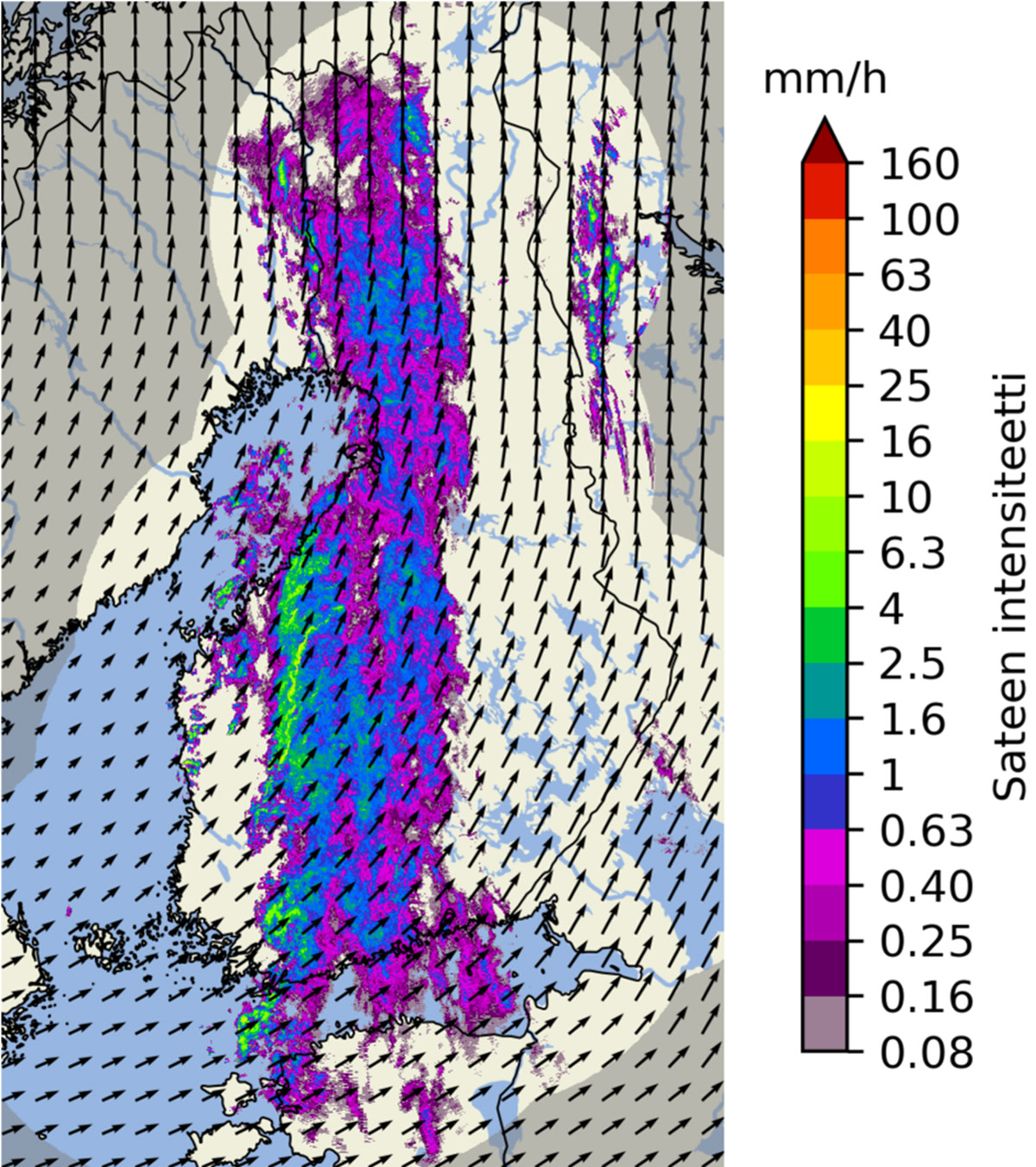 Säätutkahavainnointoja sateen voimakkuudesta ja sadealueiden etenemissuunnasta Suomessa. Nuolet osoittvat suunnan ja värikartta sateen intensiteetin.