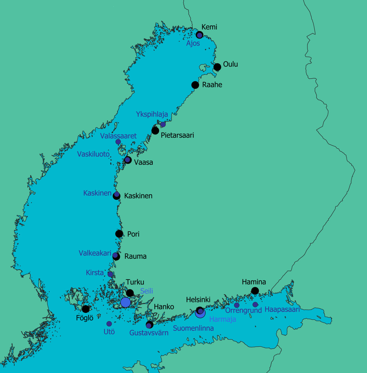 Kartta havaintopisteiden sijainneista.