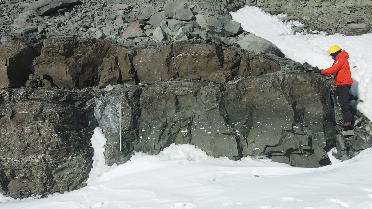 Jussi Heinonen tekee mittauksia basalttilaavoista. Kuvassa näkyy kaksi päällekkäistä laavapatjaa vaalean ja lohkareiksi rapautuneen hiekkakivikerroksen alla. Kuva: Arto Luttinen