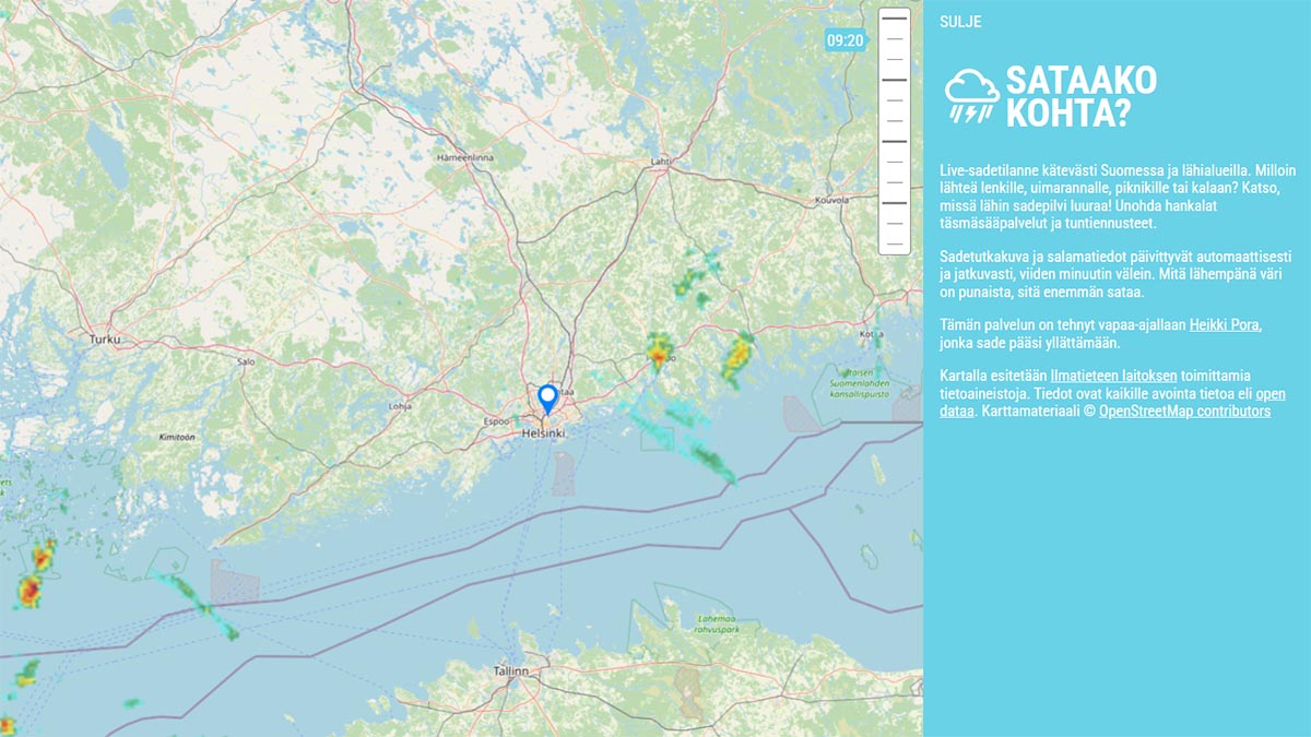 Kuvakaappaus sataako.fi-nimisestä karttapalvelusta.